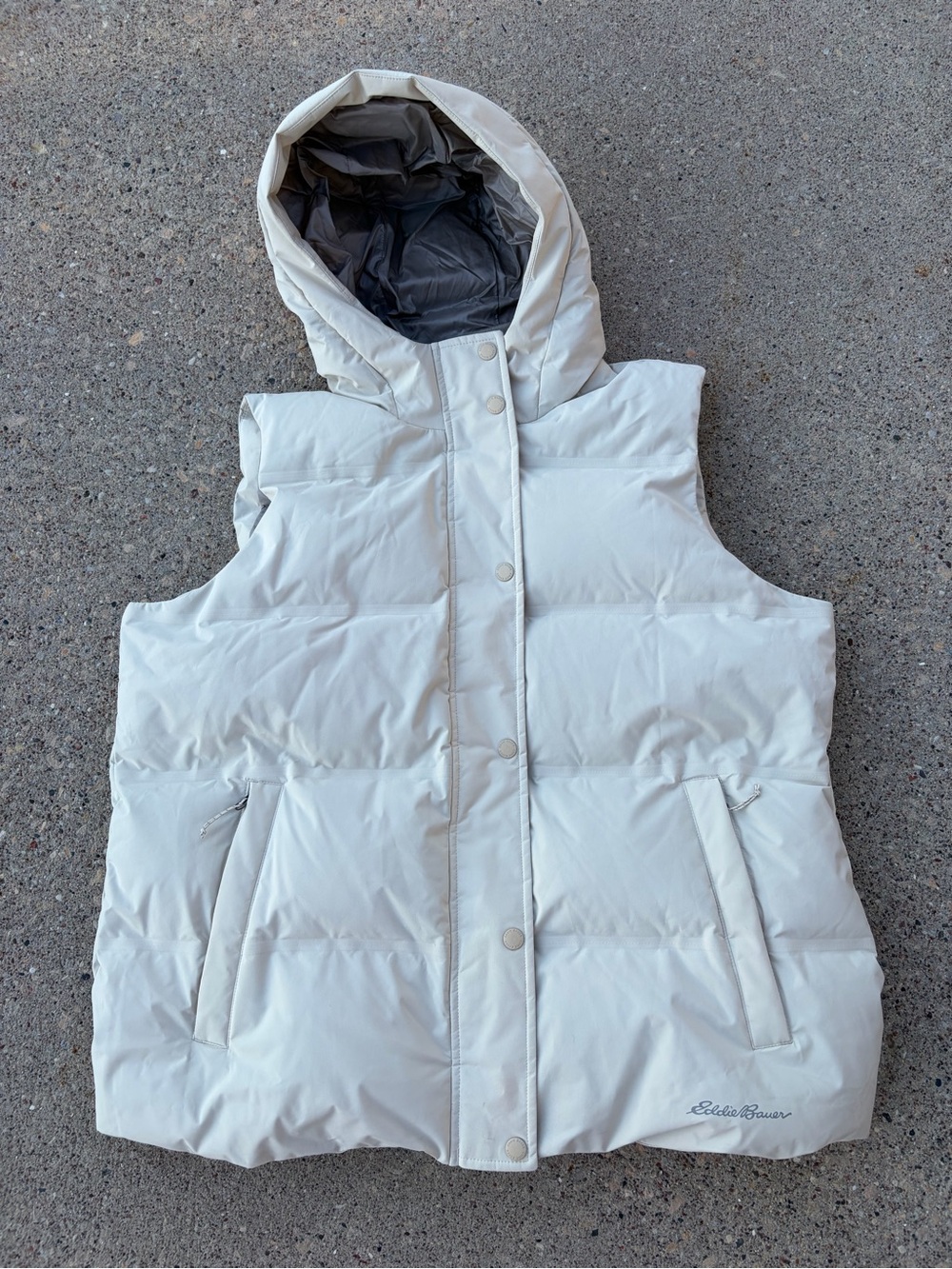 Eddie Bauer women’s lodge down hooded vest puffer tan beige